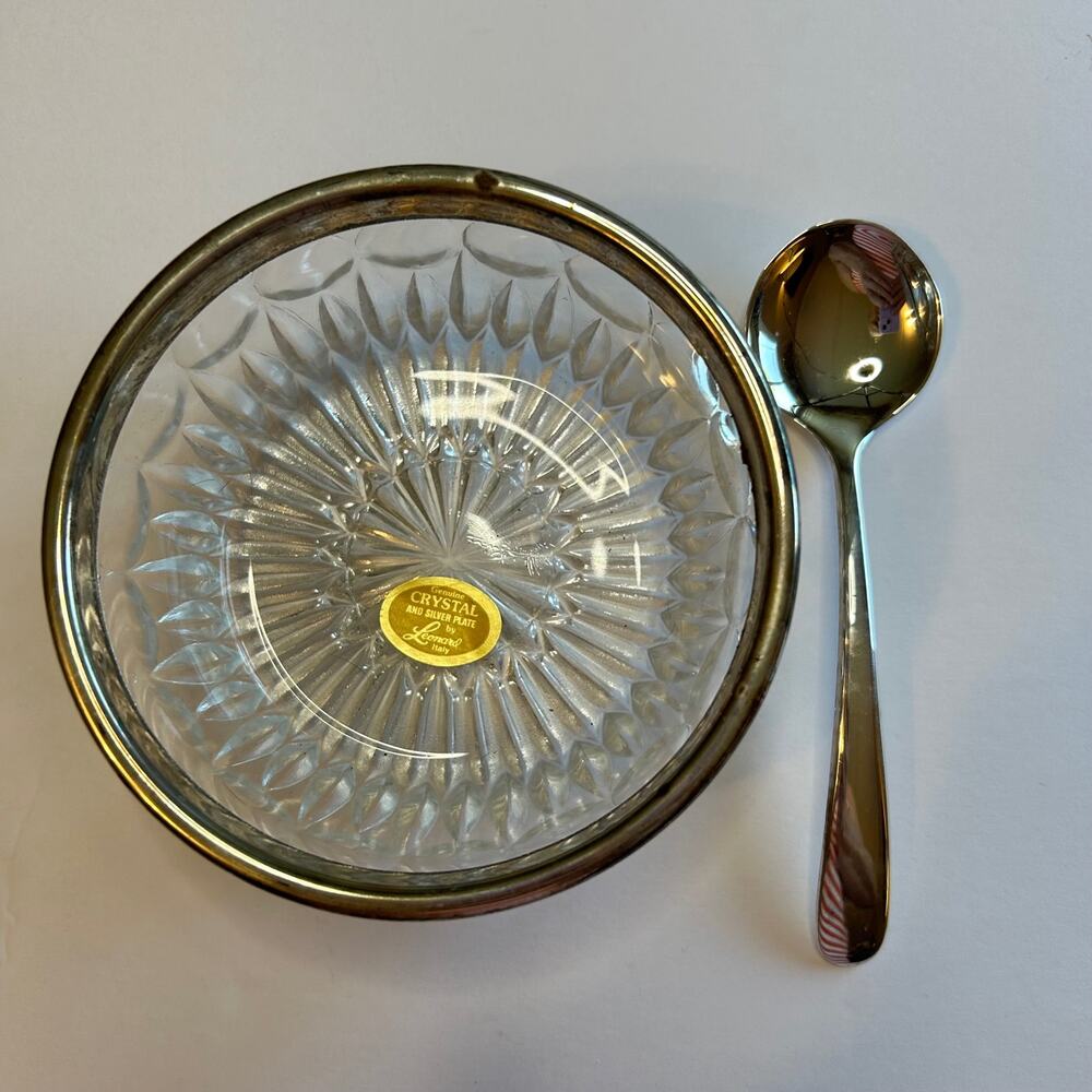 Vintage Crystal Bowl Silver Plate Spoon Sauce Bowl Set By Leonard‎ Italy
